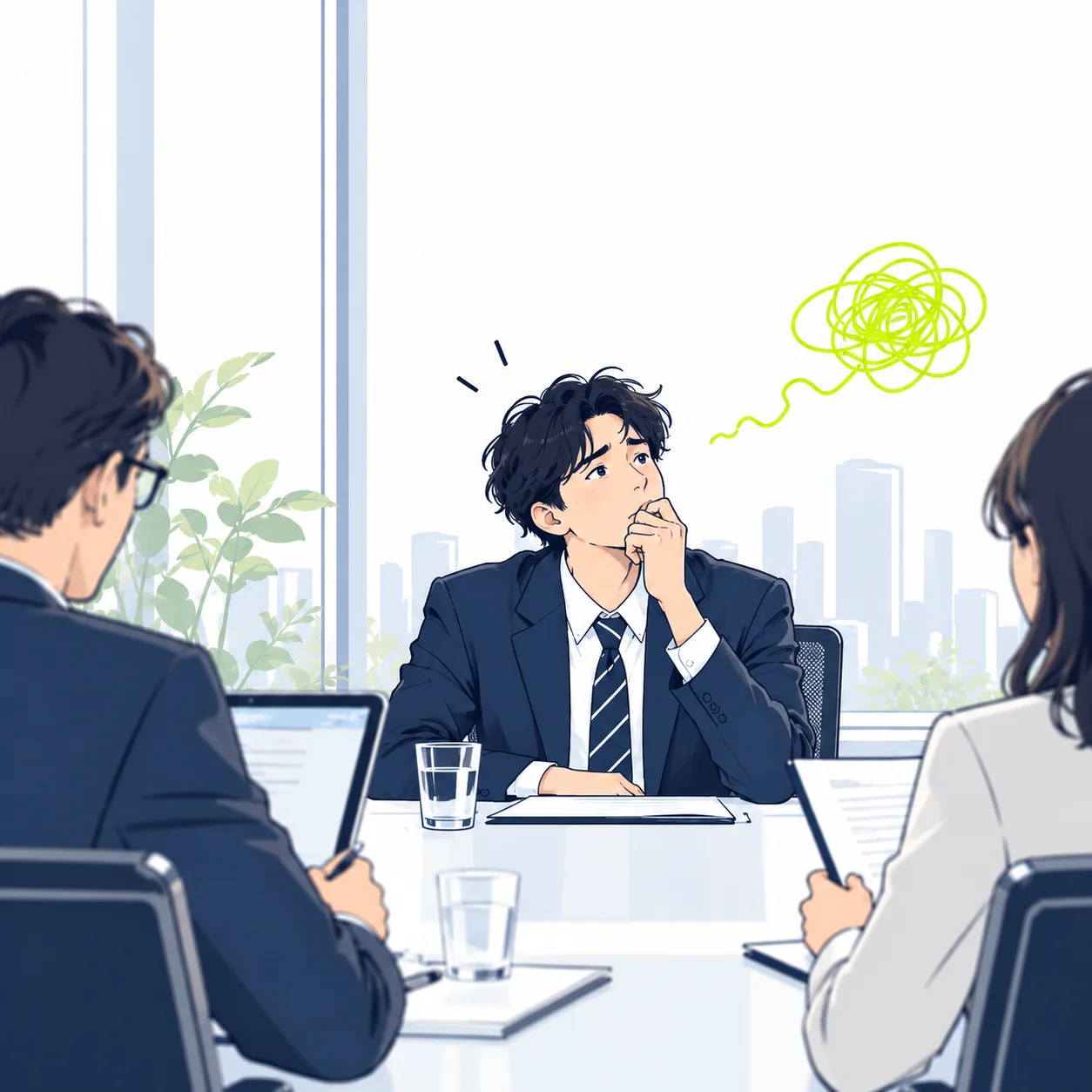 A candidate pauses during a panel interview, with a lime scribble above his head showing tangled thoughts.